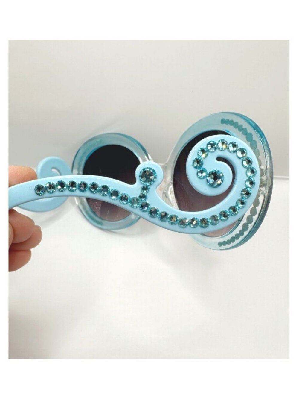 Light Blue Oversized Round Sunglasses Featuring Sparkly Rhinestone Rims - Picture 4 of 5